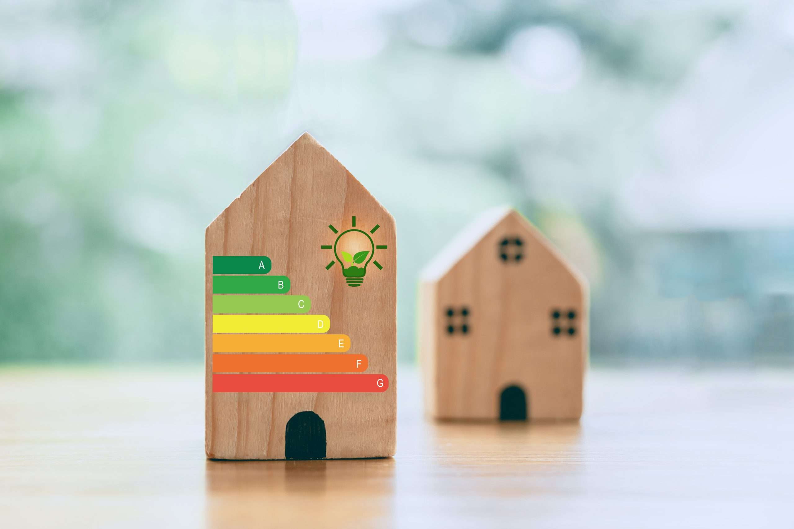 For house energy efficiency, eco home renovation save cost. Low consumption ecological house, Sustainable Development Concept, house with energy efficiency scale on blurred background Halifax Cashback