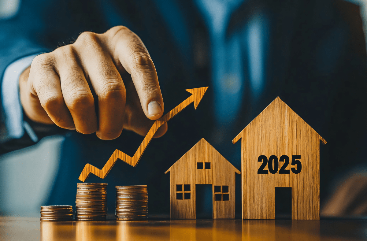 Depicting house prices continue to increase - coins with an arrow going upwards over two wooden houses one with the year 2025 carved into it.